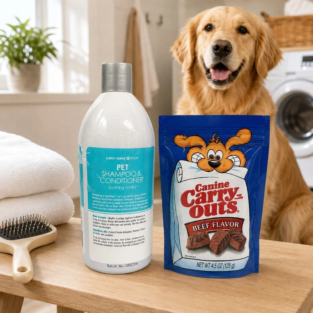Petkin Almost Human Vanilla Pet Shampoo Conditioner 33.8oz + Dog Treats